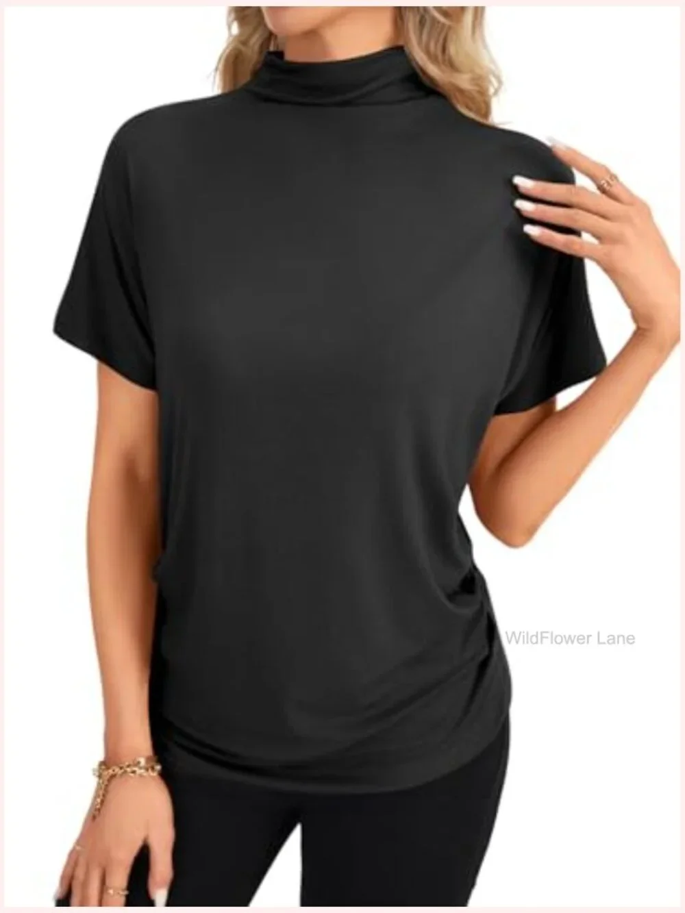 Mock Neck Batwing Short Sleeve Asymmetric Hem Blouse - Picture 7 of 7
